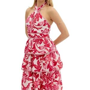Entro Tiered Halter Dress Red, Pink & White Floral Ruched Back Size Large